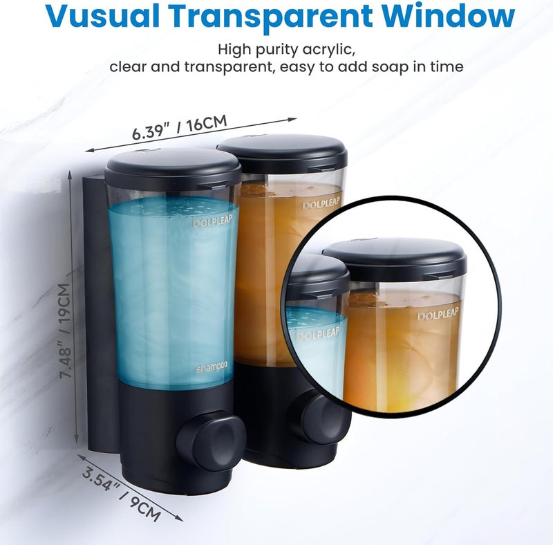 DOLPLEAP Shampoo Conditioner Body Wash Dispenser No Drill Shower Soap Dispenser Wall Mounted Shampoo Dispenser 2 Chamber with Upgrade Pump Head Bathroom Soap Dispenser 450ml/Each Black - Image 2